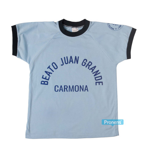 Camiseta celeste manga ranglan con elásticos contrastados marino - Fabricante uniformes escolares y camisetas escolares personalizadas