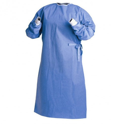 Disposable isolation gown made of waterproof and resistant non-woven fabric. With full back