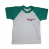 Fabricante textil camisetas escolares personalizadas mangas ranglan verde blanco para colegios y escuelas infantiles