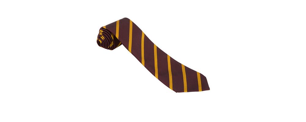 Fabricant textile de cravates scolaires personnalisées grenat avec bande jaune