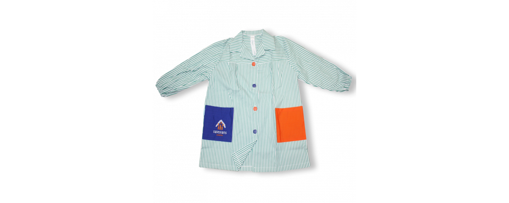 Batas escolares personalizadas para colegios vichí raya verde bolsillos contrastados azulón y naranja
