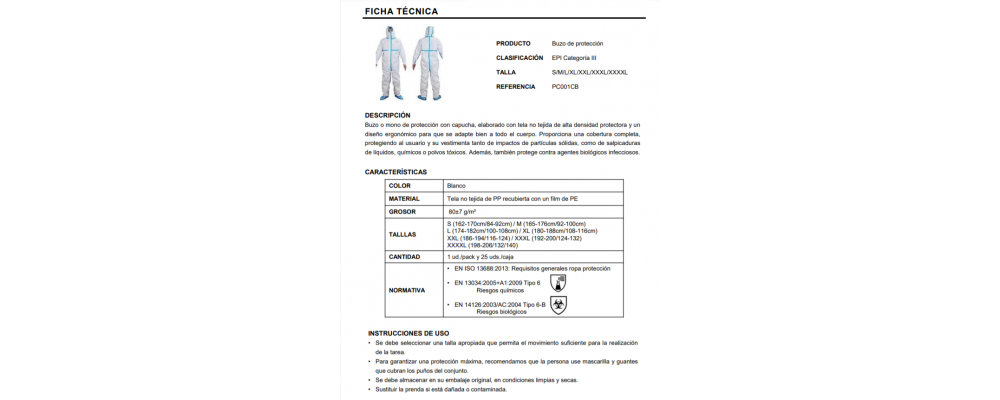 ficha técnica Buzo mono de protección desechable con capucha EN 13034 Tipo 6 Riesgos químicos. EN 14126 Tipo 6-B Riesgos biológicos