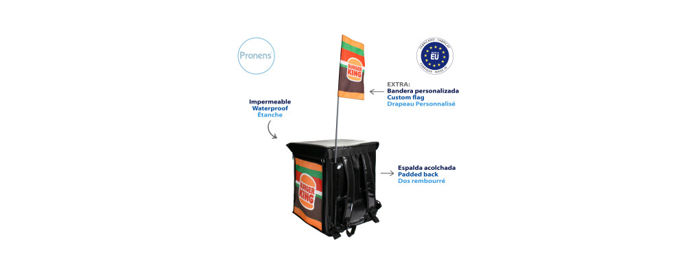 Mochila isotérmica personalizada para reparto de comida y bebida a domicilio y eventos - Mochila reparto Burger King espalda