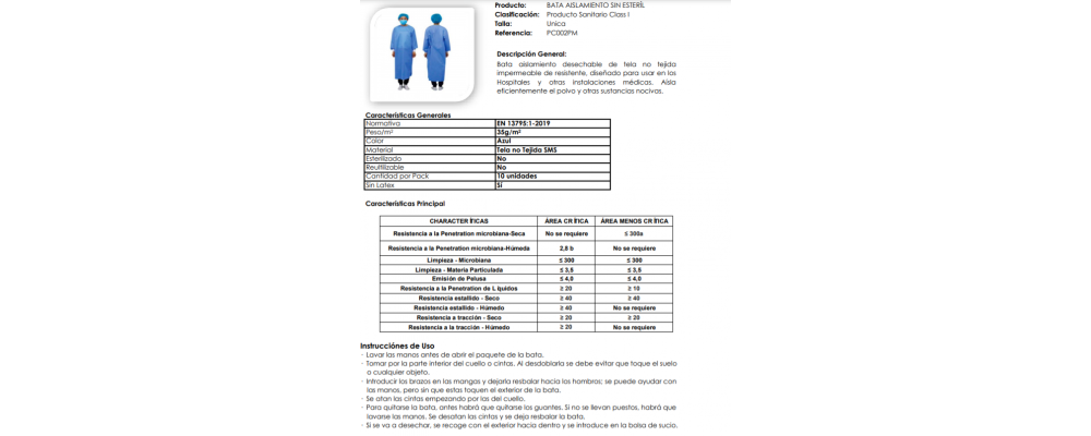 data sheet Disposable isolation gown made of waterproof and resistant non-woven fabric