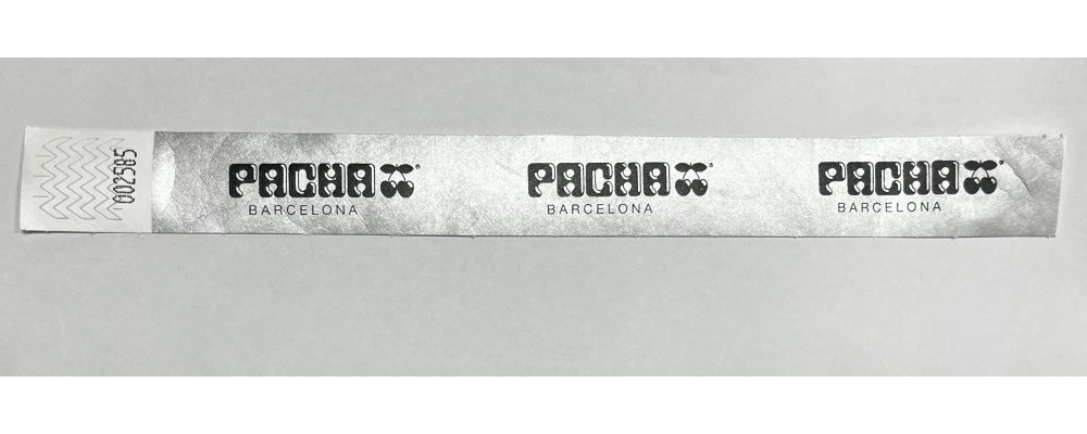 Fabricante de pulseras económicas papel irrompible Tyvek personalizadas para control de acceso en control de acceso de discotecas Pacha - color plata