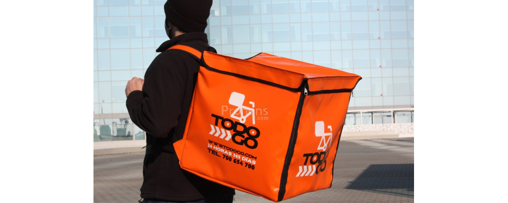 lateral Fabricante mochila delivery naranja personalizada 45x45x45 medida mochila Glovo extendida