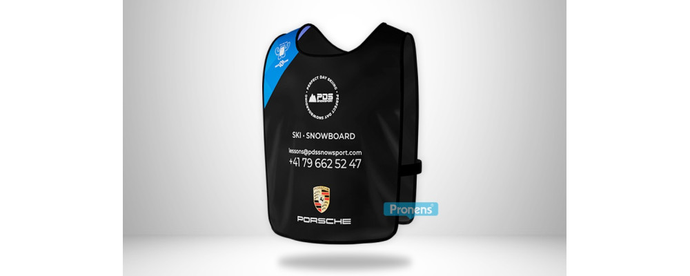 Ski school bibs for ski schools and sports clubs. Customized ski school bibs with elastic band. Pronens