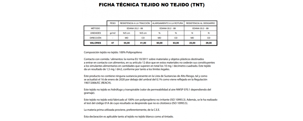 Certificado Tejido No Tejido (non woven) 47 gramos