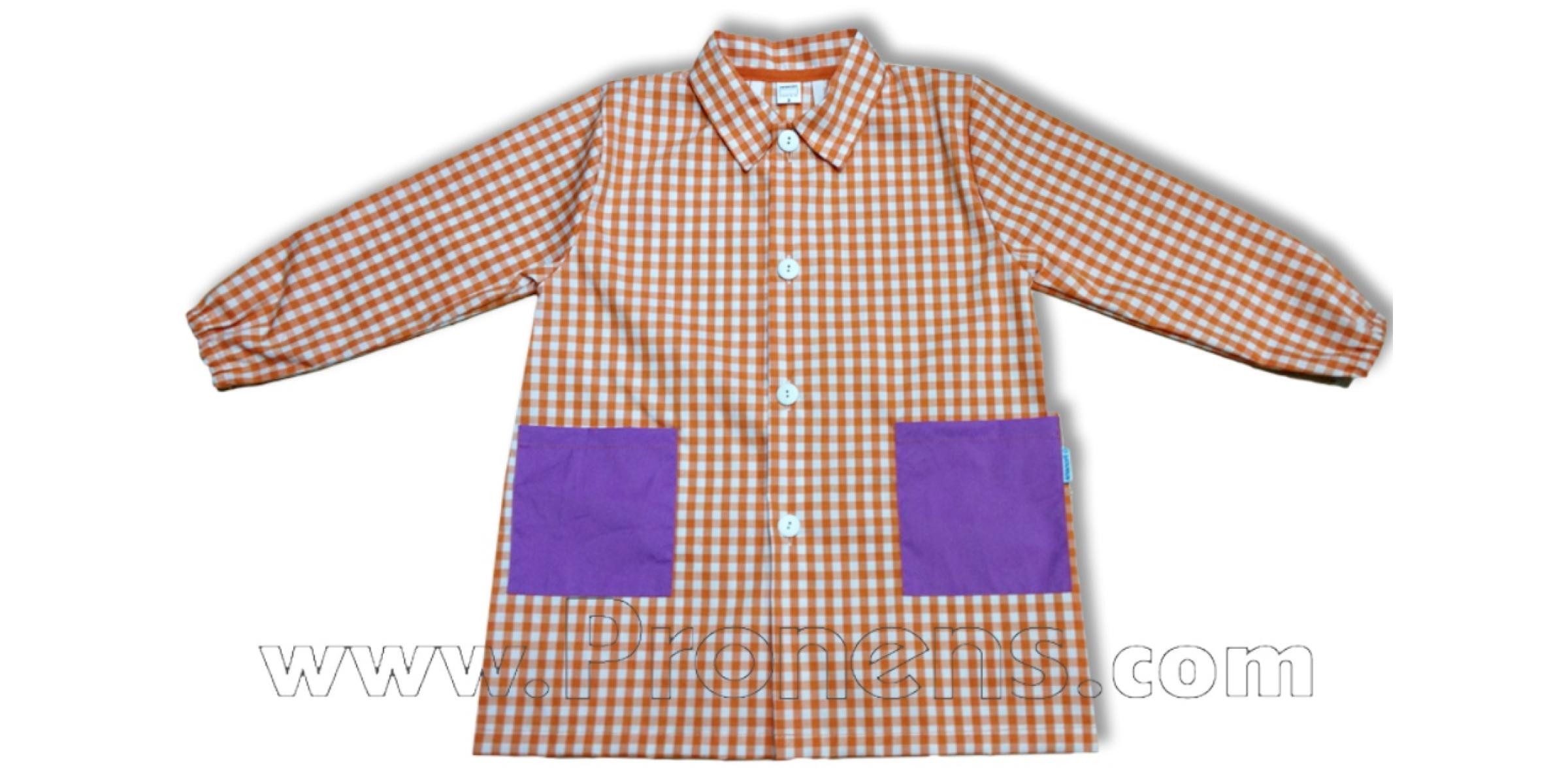 Fabricante de batas escolares de botones sin canesú personalizadas para colegios cuadro naranja