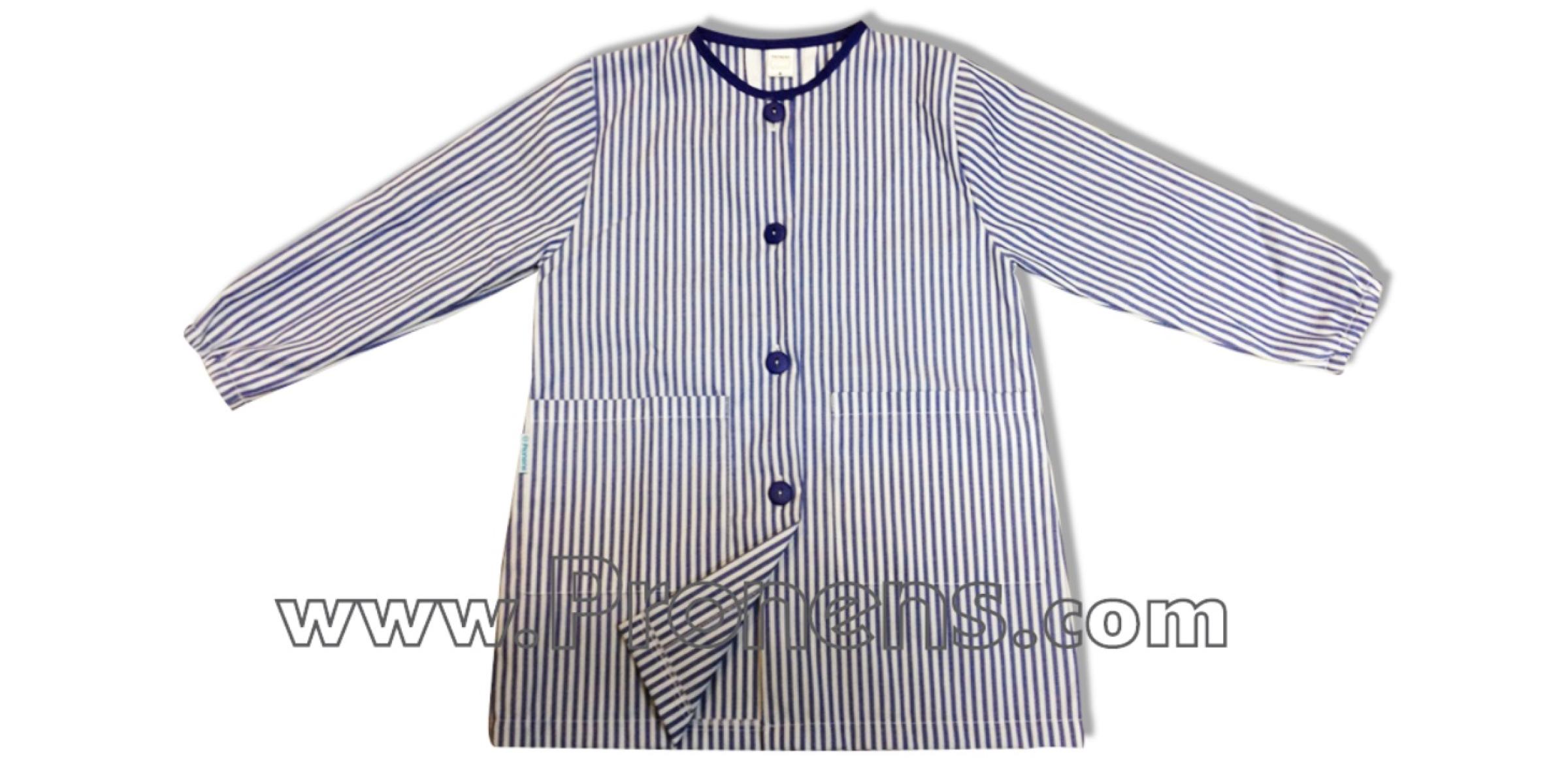 Fabricante de batas escolares de botones sin canesú personalizadas para colegios raya azul