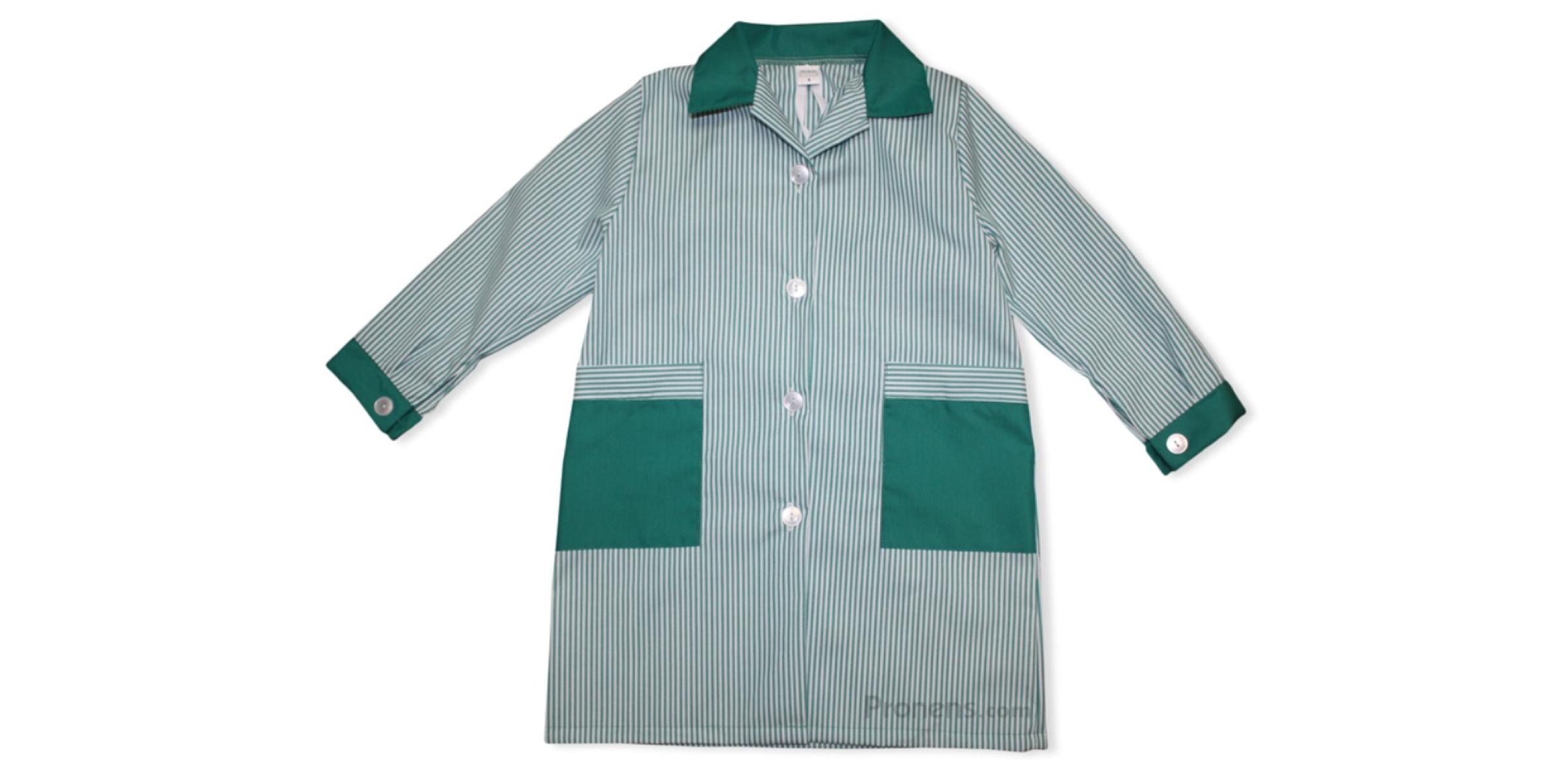 Fabricante de batas escolares de botones sin canesú personalizadas para colegios raya verde