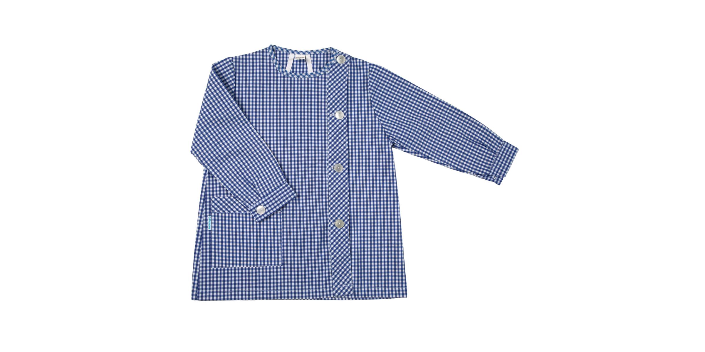 Fabricante de batas escolares de botones sin canesú personalizadas para colegios cuadro azul