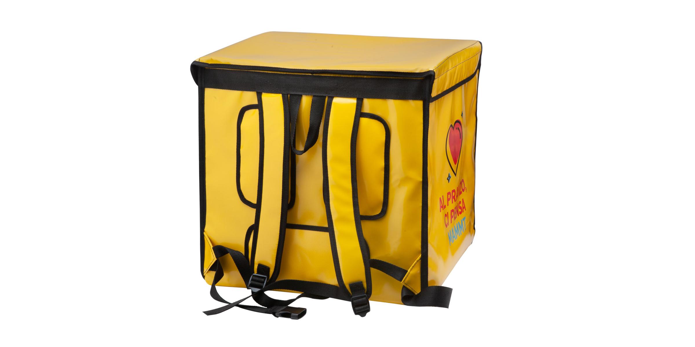 Motxilles Delivery personalitzades repartiment de pizzes o paqueteria a domicili. Mida motxilla Glovo estesa - revers