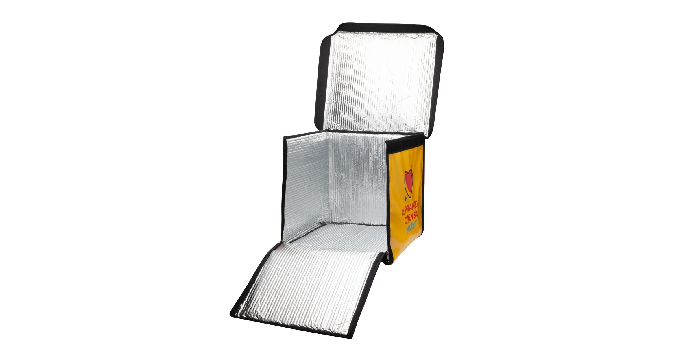 Motxilles Delivery personalitzades servei de pizzes o paqueteria a domicili. Mesura motxilla Glovo estesa - oberta