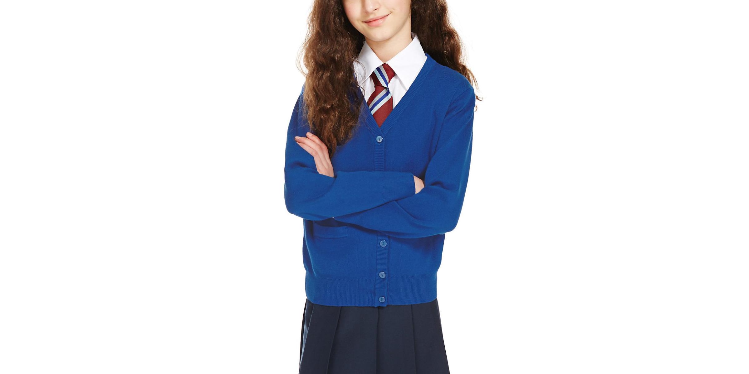 Manufacturer of school cardigan jersey for school uniforms in royal blue color.