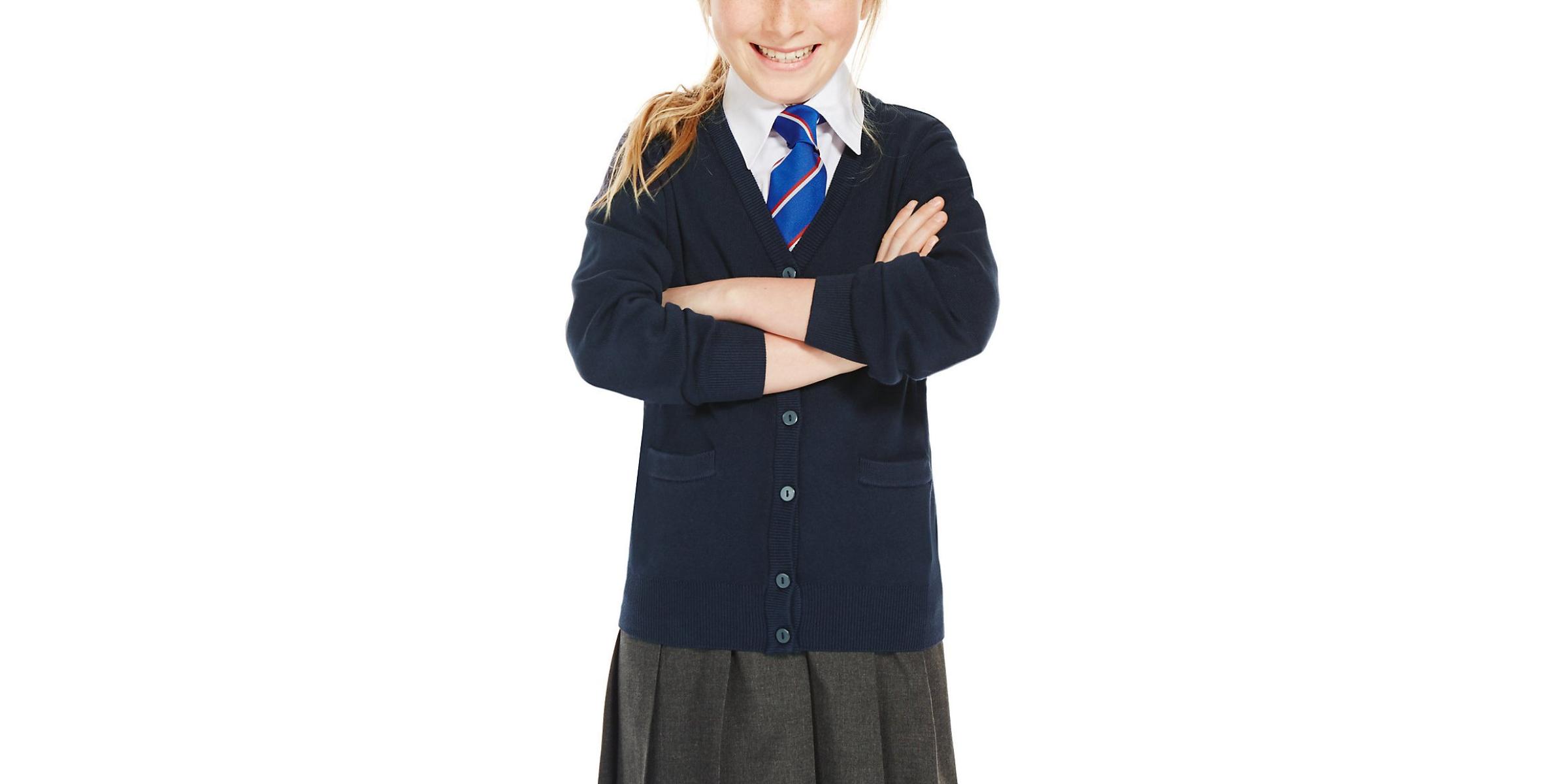 School cardigan jersey manufacturer for school uniforms, navy blue color, front.