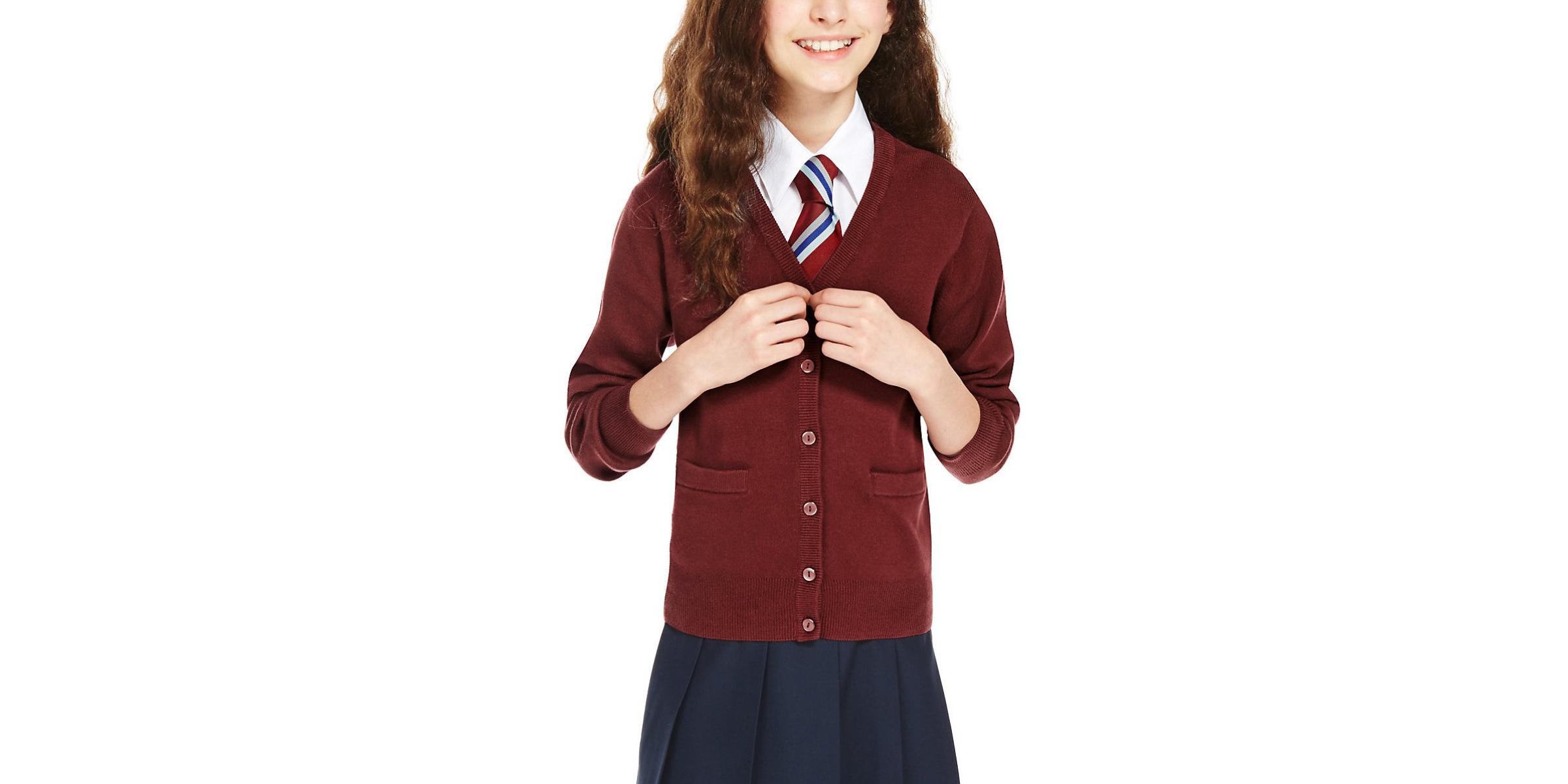 Manufacturer of burgundy school cardigan jersey for school uniforms.