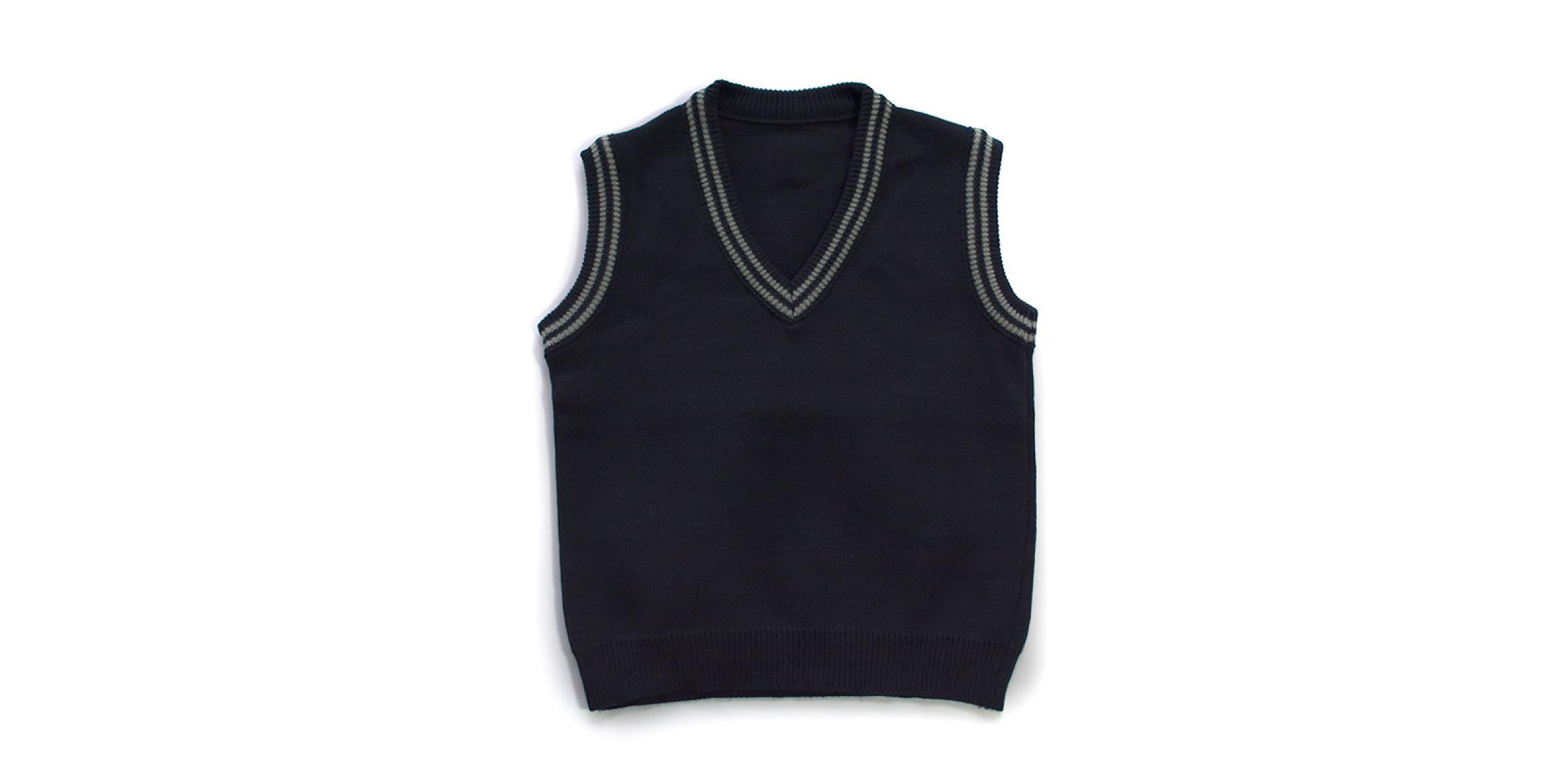 Manufacturer of navy school sleeveless vest jersey for school uniforms.