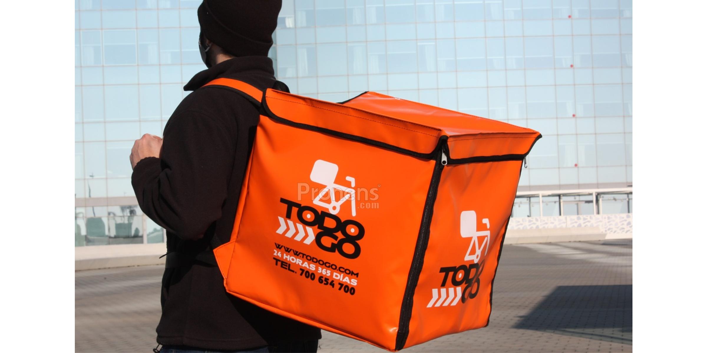 lateral Fabricant motxilla delivery taronja personalitzada 45x45x45 mida motxilla Glovo estesa