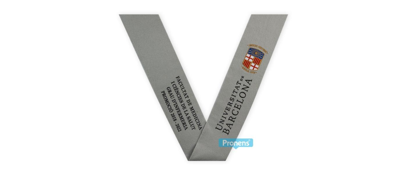 Manufacturer scholarship embroidered graduation band Light gray Felt 230 for University of Barcelona Medicine
