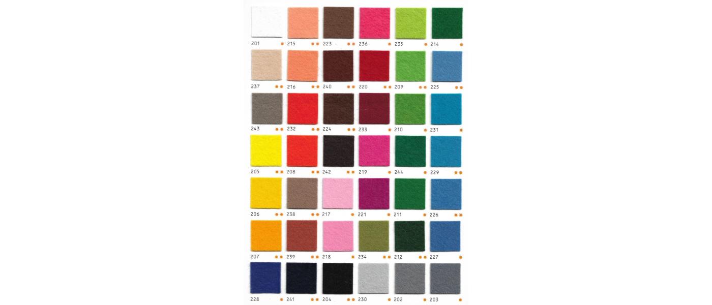 Color chart for high-quality felt graduation sashes in 50% wool.