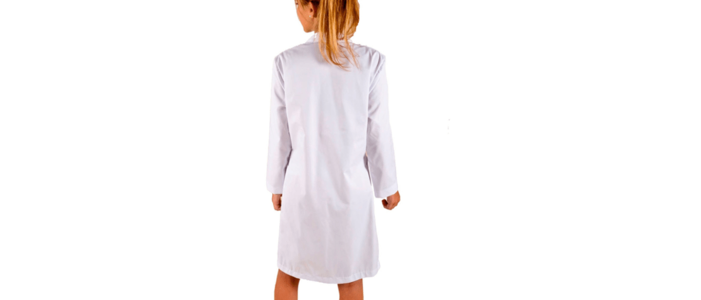 Fabricant de bata blanca de dona personalitzada per a professores, metgesses, científiques, tècniques de laboratori - model d'esquena