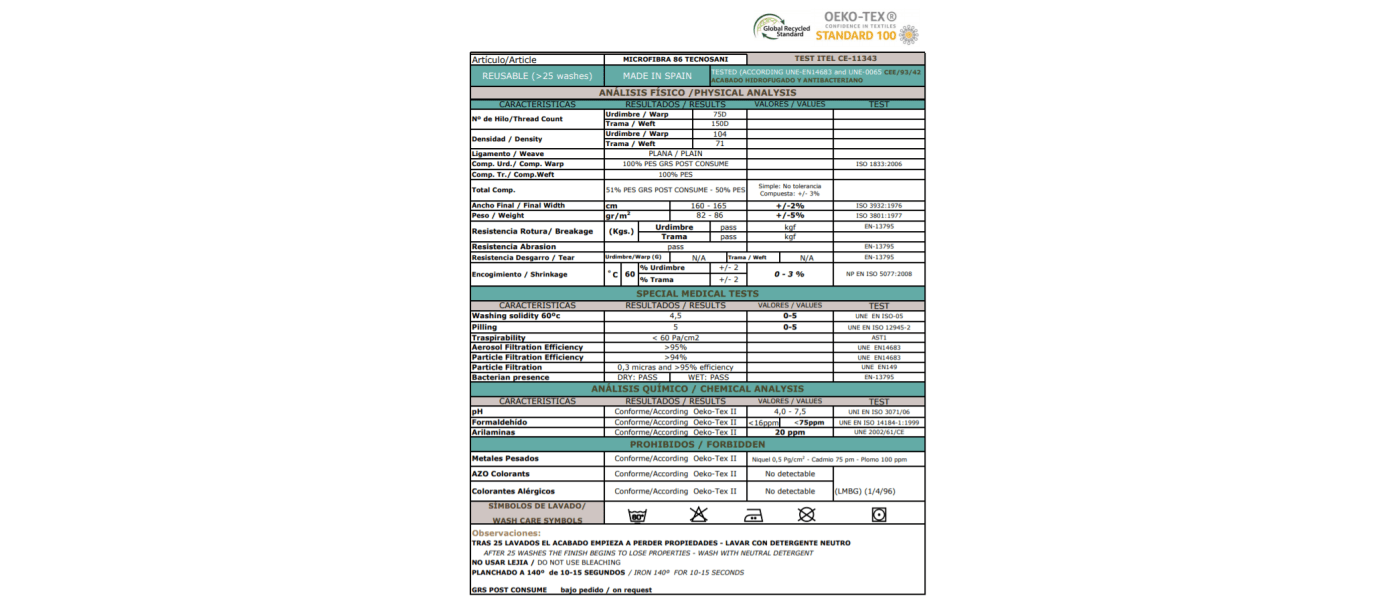 Technical Data Sheet for UNE0065 hygienic mask fabric