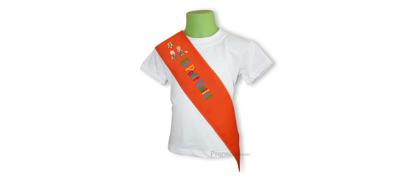 Customized children's graduation band in orange with logo in various colors.
