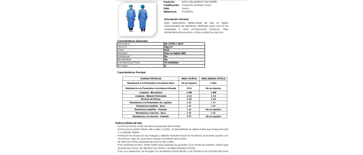 Ficha técnica Bata de aislamiento desechable confeccionada en tejido no tejido impermeable y resistente. Con espalda completa