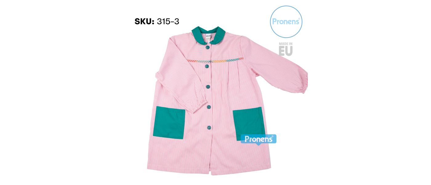 Model wearing a school gown for a school with pink stripe on the back