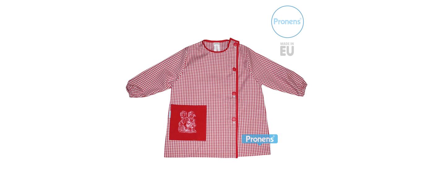 Manufacturer of personalized red checkered vichy school smocks for nursery.
