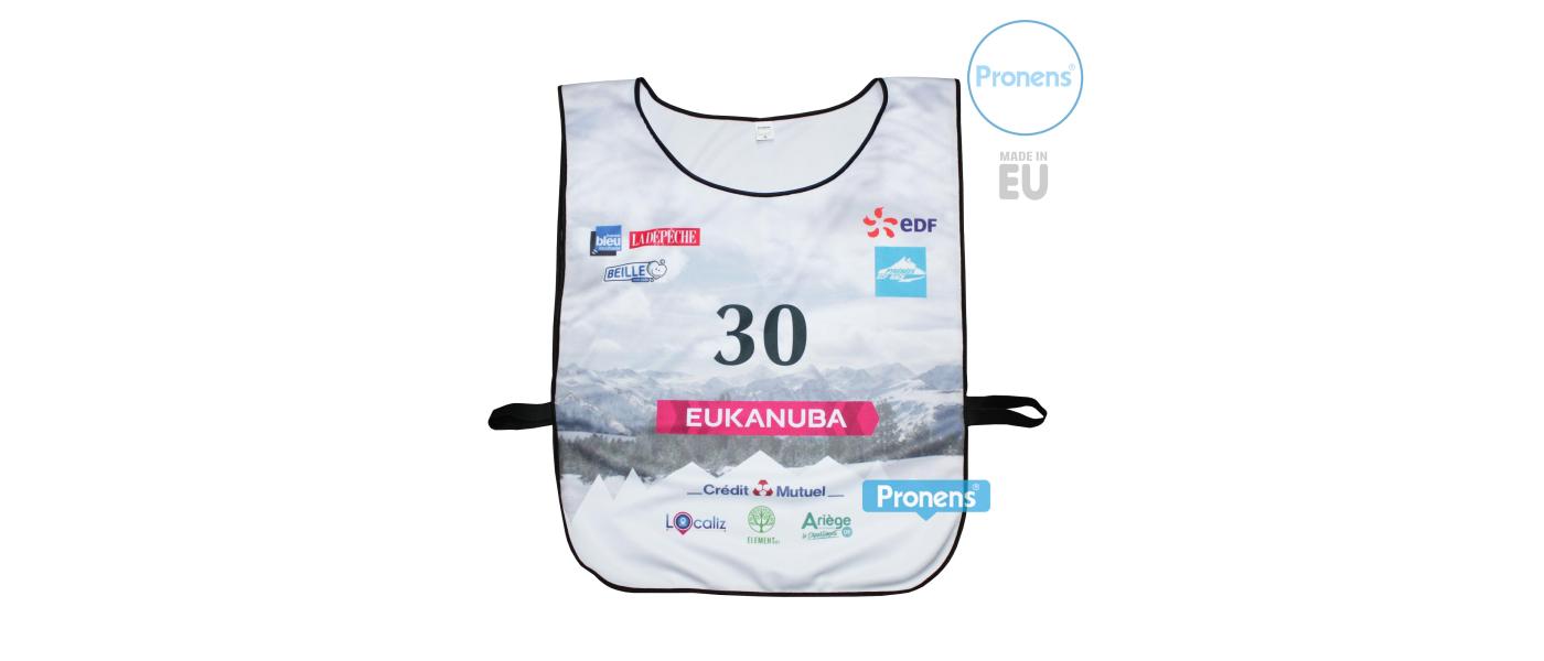 Customized ski bib with side elastic band for Ecole Suisse de Ski Neuchatel