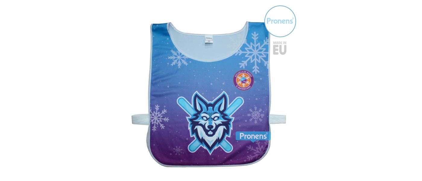 Ski bib and customizable sports bib with side elastic band.