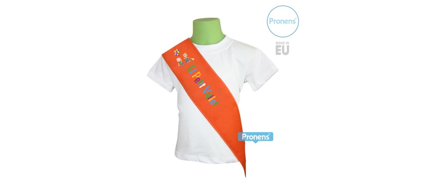 Customized children's graduation band in orange with logo in various colors.